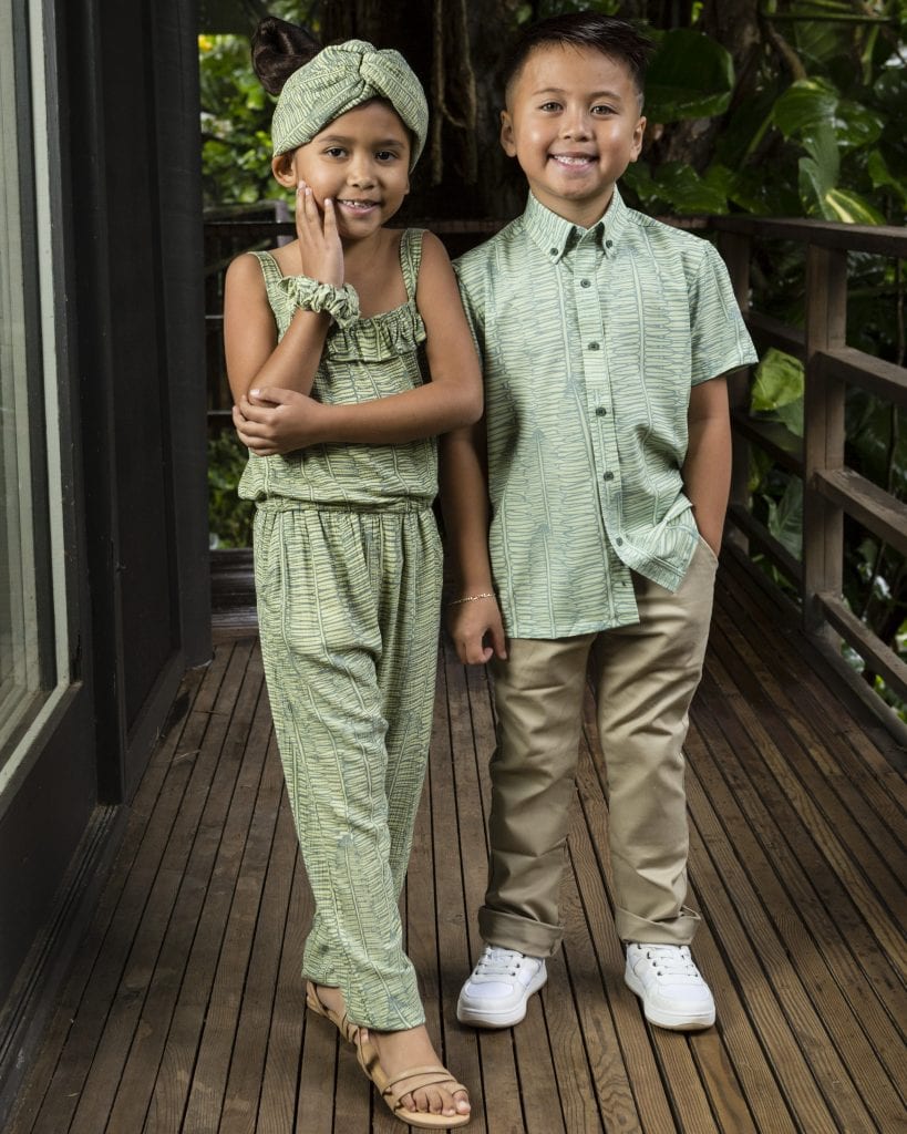 Girl wearing Scrunchies in Margarita Lily Pad Kupukupu pattern