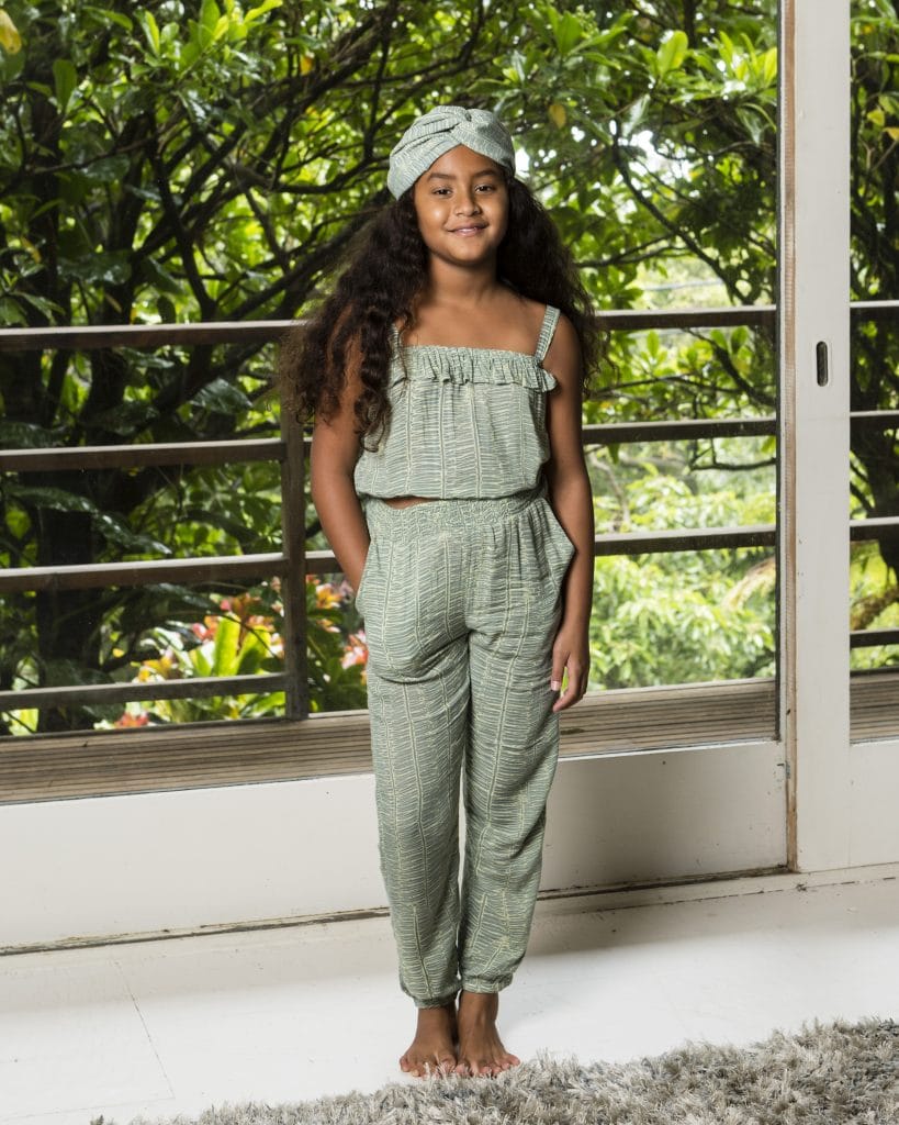 Girl wearing Tulle Headband in Margarita Lily Pad Kupukupu pattern