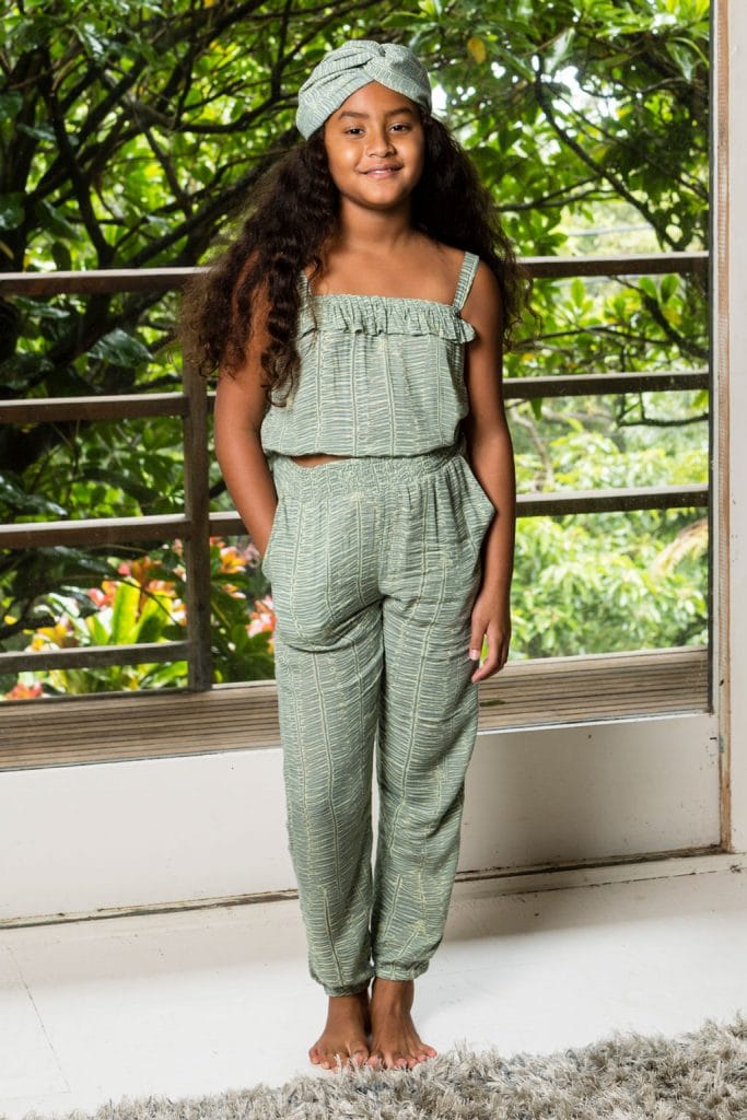 Girl wearing Tulle Headband in Margarita Lily Pad Kupukupu pattern