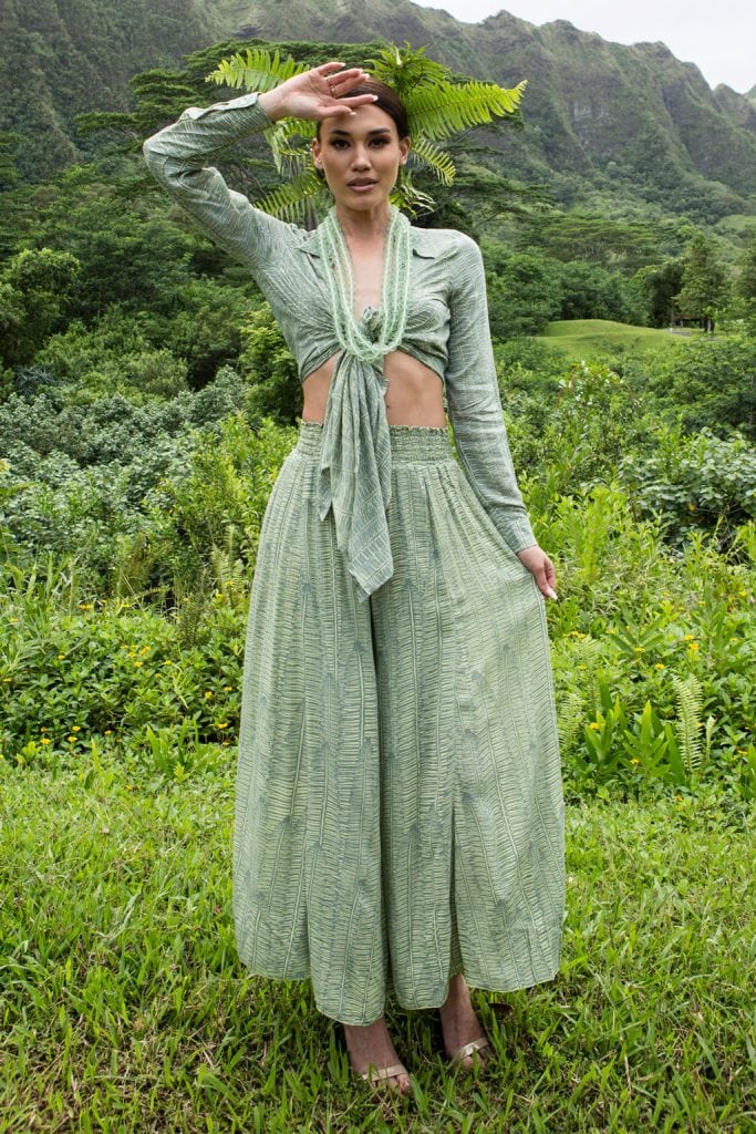 Model wearing Huaki pant in Margarita Lily Pad Kupukupu pattern