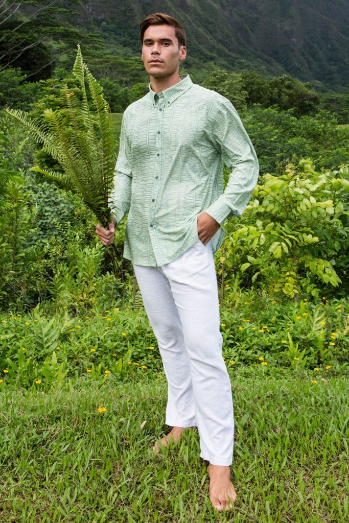 Male model wearing Mahalo Shirt in Margarita Lily Pad Kupukupu pattern