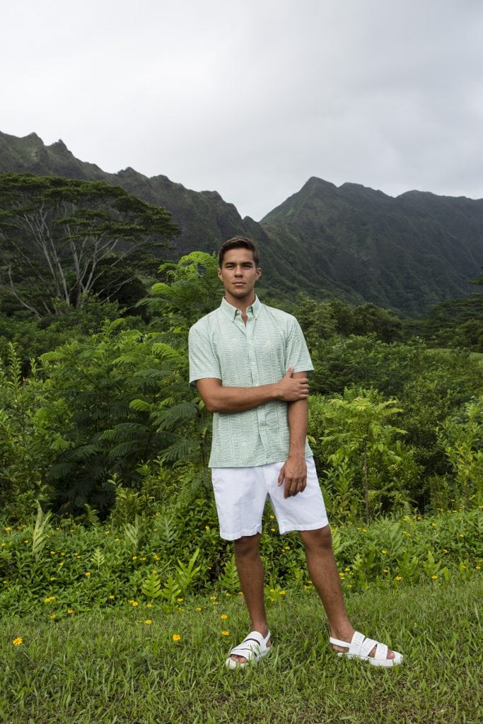 Male model wearing Mahalo Shirt in Lily Pad Margarita Kupukupu pattern