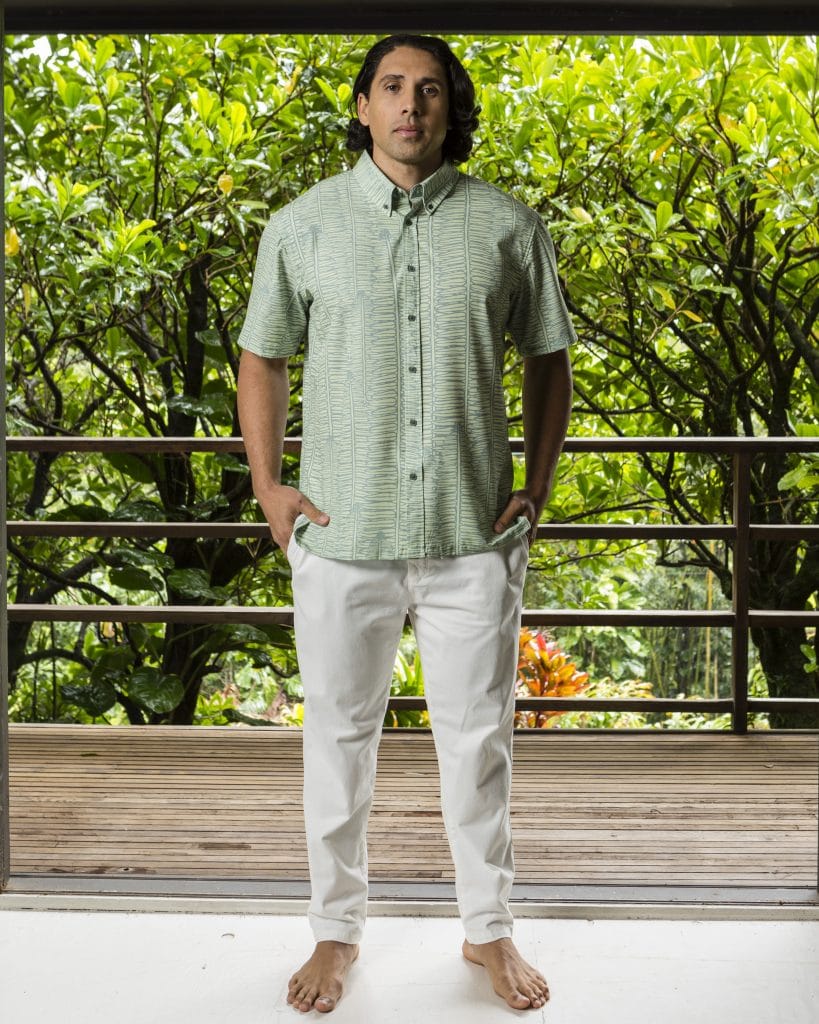 Male model wearing Mahalo Shirt in Margarita Lily Pad Kupukupu pattern
