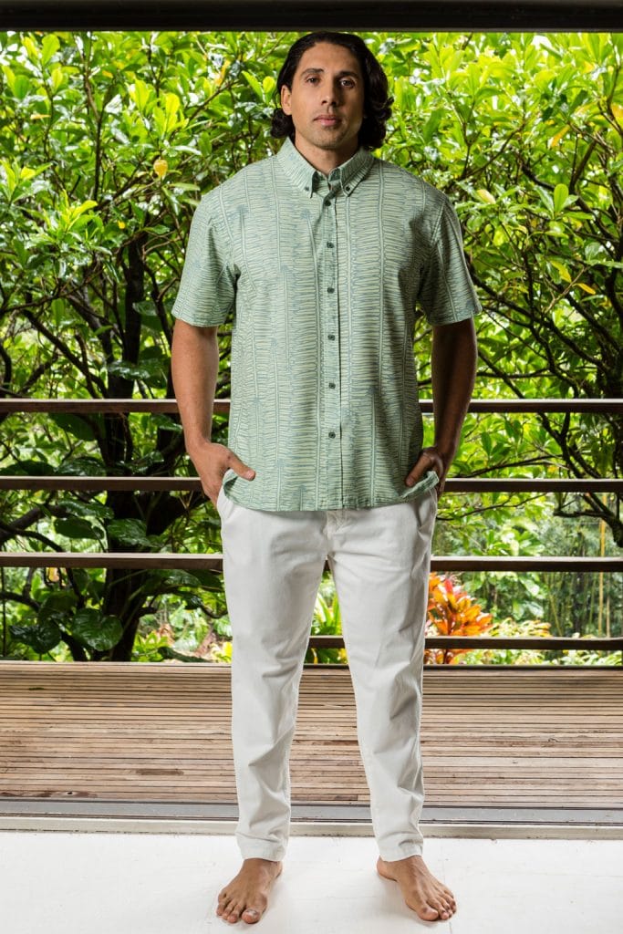 Male model wearing Mahalo Shirt in Margarita Lily Pad Kupukupu pattern