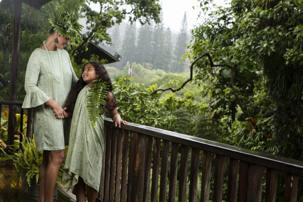 Model and girl wearing Mama Dress in Margarita Lily Pad Kupukupu Pattern
