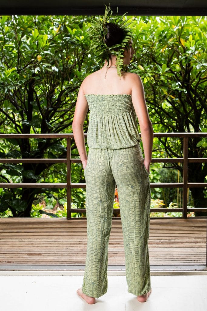 Model wearing Nanea Jumpsuit in Margarita Lily Pad Kupukupu back view