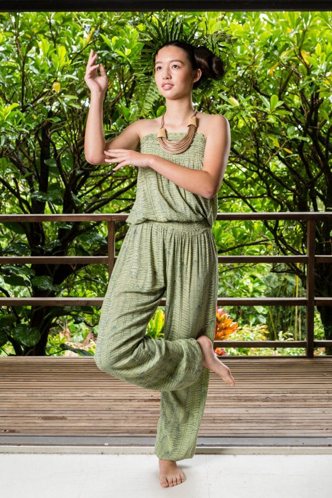 Model wearing Nanea Jumpsuit in Margarita Lily Pad Kupukupu front view