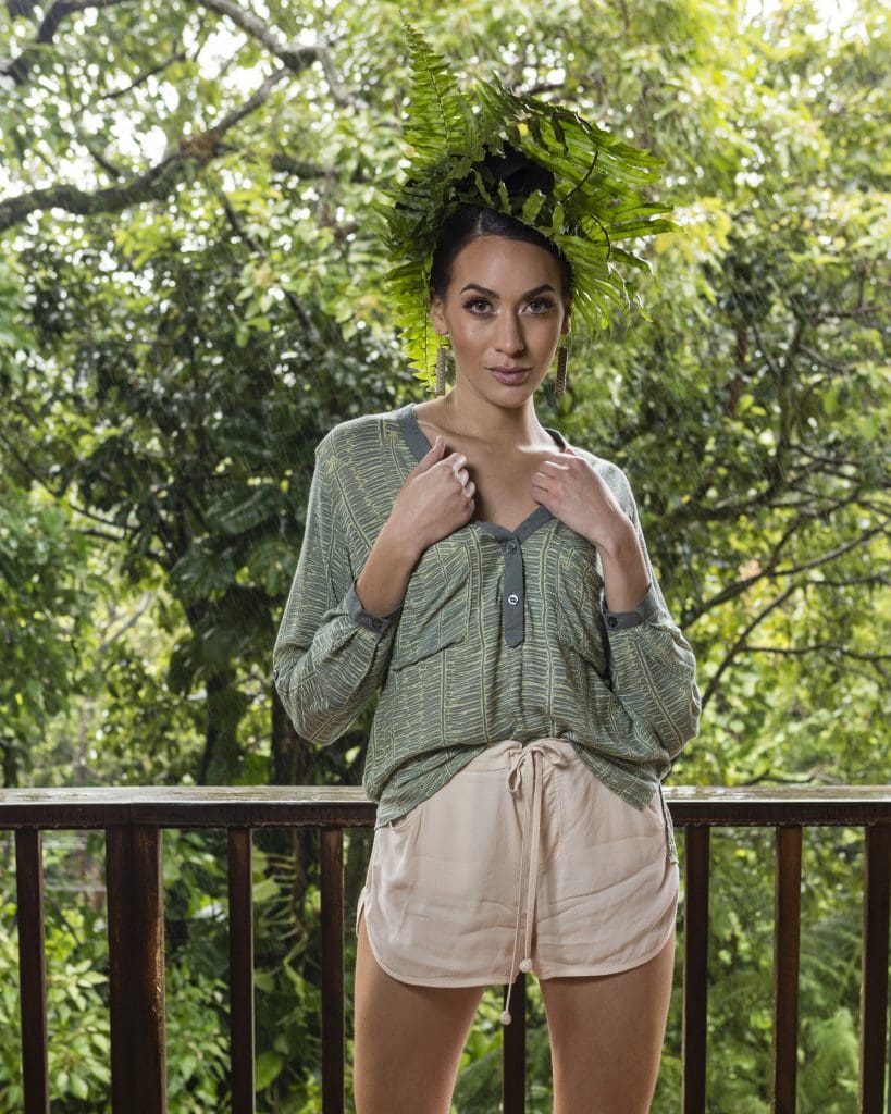 Model wearing Nanea Top in Lily Pad Margarita Kupukupu Pattern