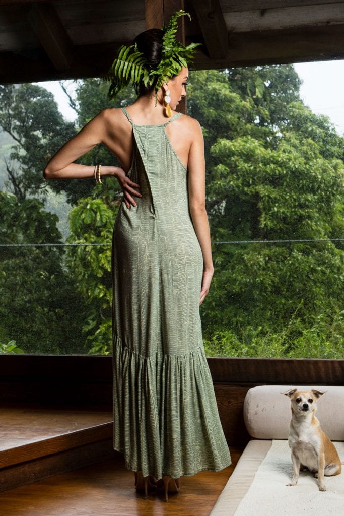 Model wearing Oluolu Maxi Dress in Lily Pad Margarita Kupukupu pattern back view