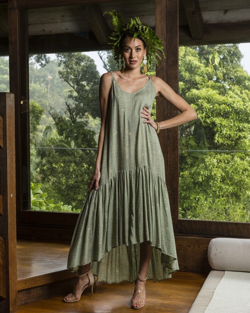 Model wearing Oluolu Maxi Dress in Lily Pad Margarita Kupukupu pattern front view