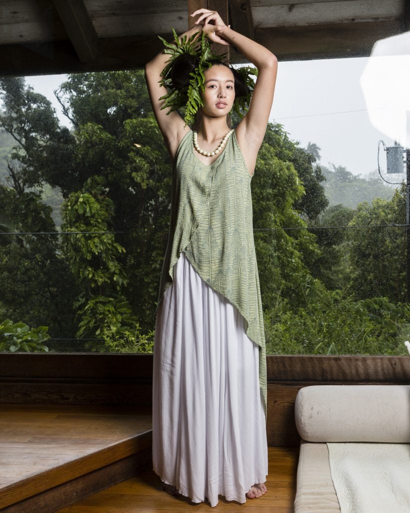 Model wearing Tapa Top in Margarita Lily Pad Kupukupu Pattern front view