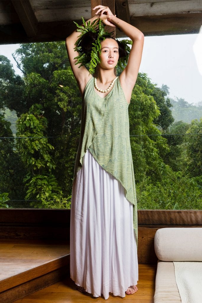 Model wearing Tapa Top in Margarita Lily Pad Kupukupu pattern