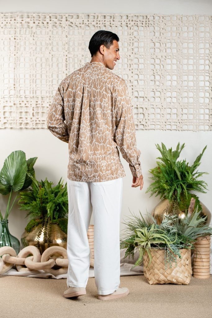 Male model wearing Aloha Shirt L-S in Carob Brown/White Kapualiko - Back View