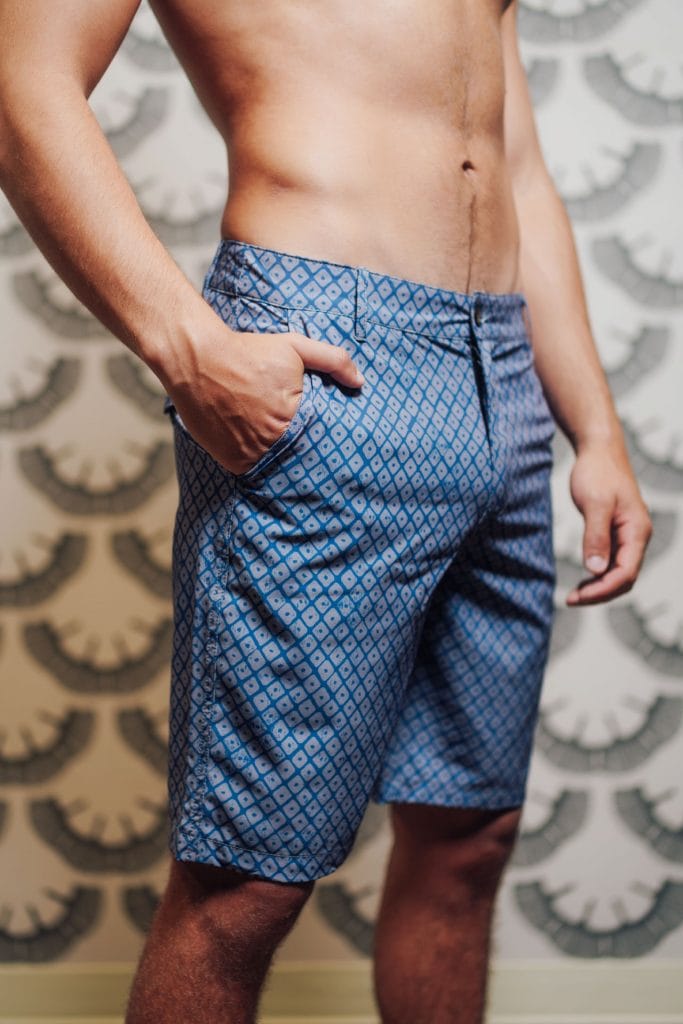 Male model wearing 4 Way Stretch in Peasant Blue/Stone Grey Upena - Front View