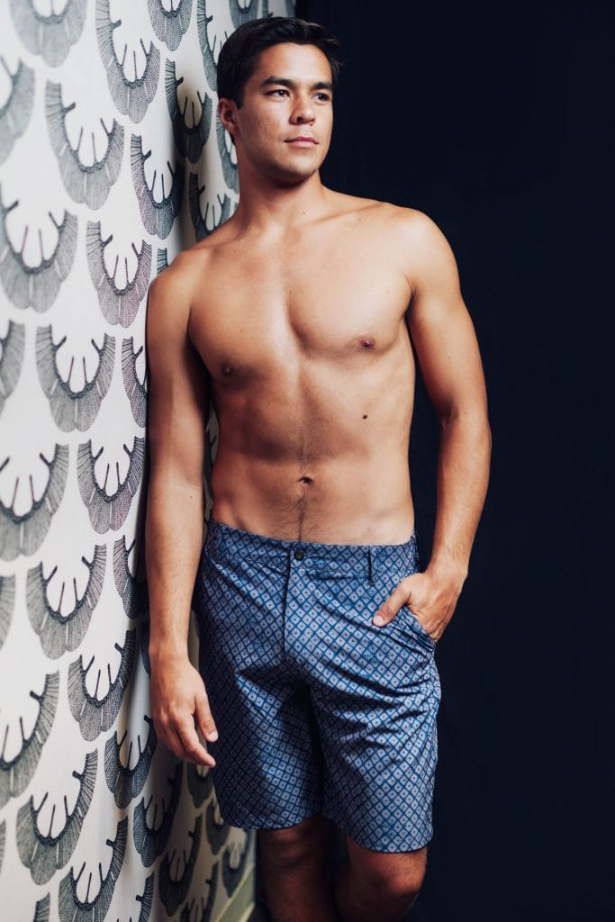 Male model wearing 4 Way Stretch in Peasant Blue/Stone Grey Upena - Front View