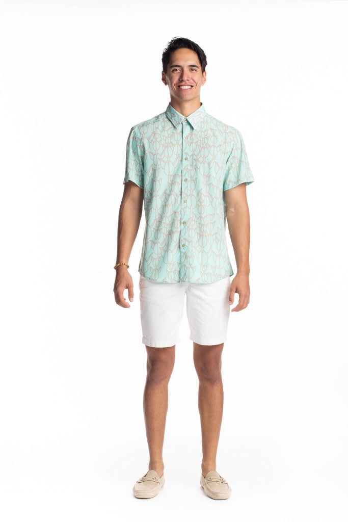 Male model wearing Hula Shirt S-S in Icy Moron/Cobblestone Kapualiko - Front View