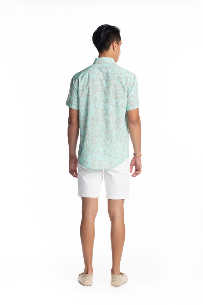 Male model wearing Hula Shirt S-S in Icy Moron/Cobblestone Kapualiko - Back View