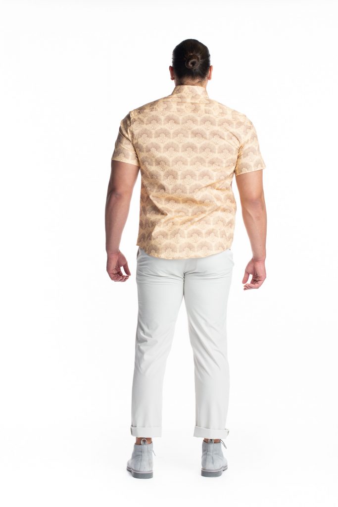 Male model wearing Aloha Short Sleeve in Apricot Sherbert/Gingersnap Kalihilehua - Back View