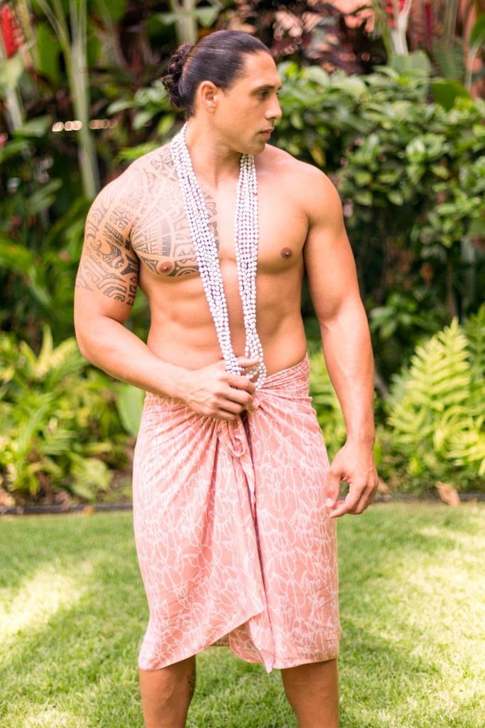 Male Model wearing Pareo in a Kapualiko and Ash Rose-Lotus Color - Front View
