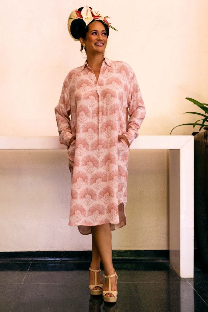 Female model wearing Ulupono Dress in Kalihilehua Pattern and Ash Rose-Lotus Color - Front View