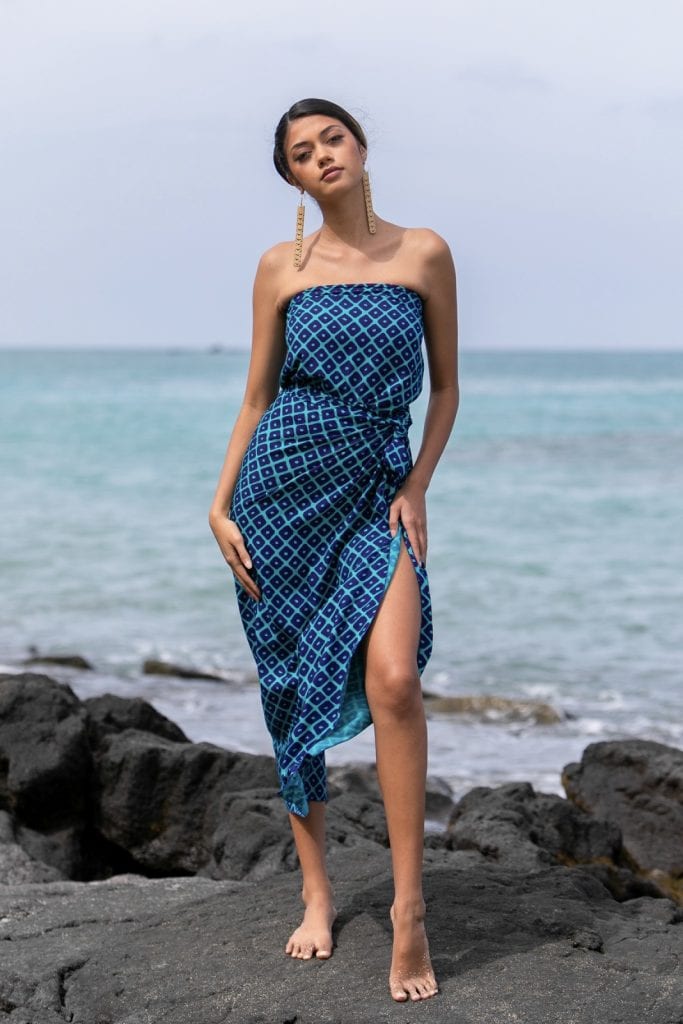 Female model wearing a Pareo in Upena Pattern and Blue Grass/Tilandsia Color - Front View