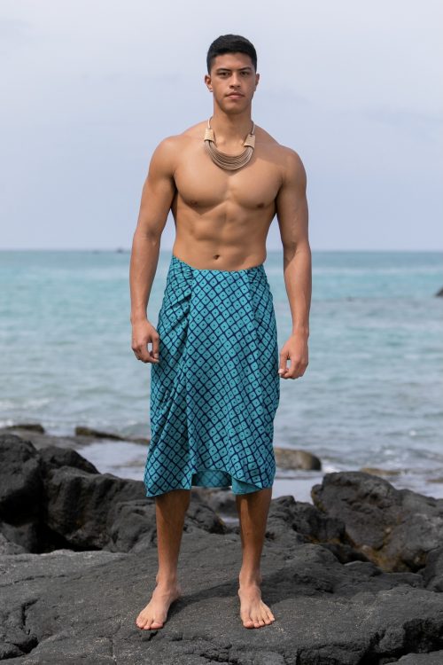 Male model wearing a Pareo in Upena Pattern and Tilandsia/Blue Grass Color - Front View