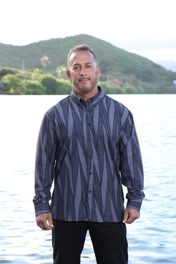 Male model wearing Mahalo Shirt L-S in Blue - Front View