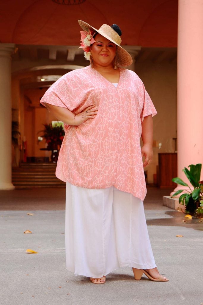 Female model wearing Waihee Kaftan in a Kapualiko Pattern and Ash Rose-Lotus Color - Front View