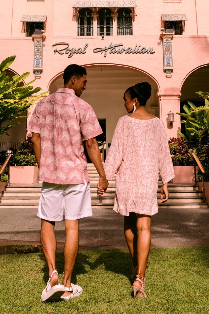 Female model wearing Kahaku Top in Kapualiko Pattern and Ash Rose-Lotus Color - Back View