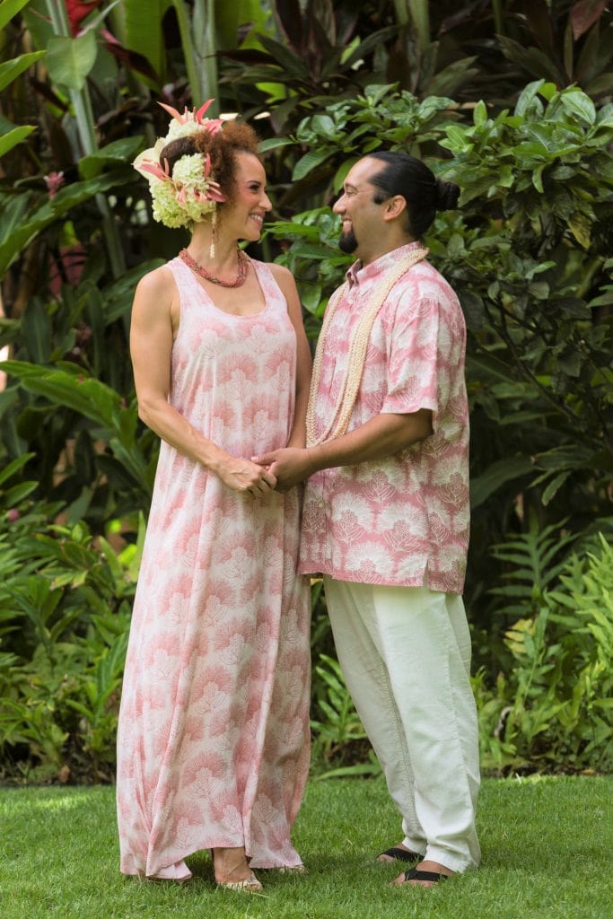 Female wearing a Kaimanahila Long Dress in a Kalihilehua Pattern and Ash Rose-Lotus Color - Front View
