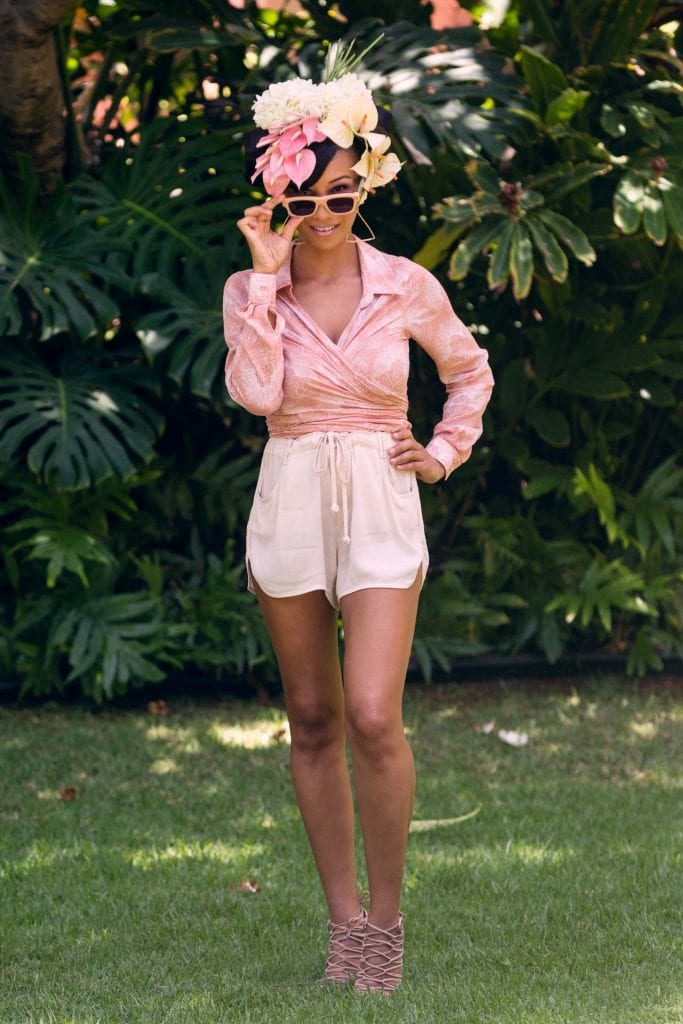 Female Model wearing a Kakaako Pullover in Ash Rose and Lotus - Front View
