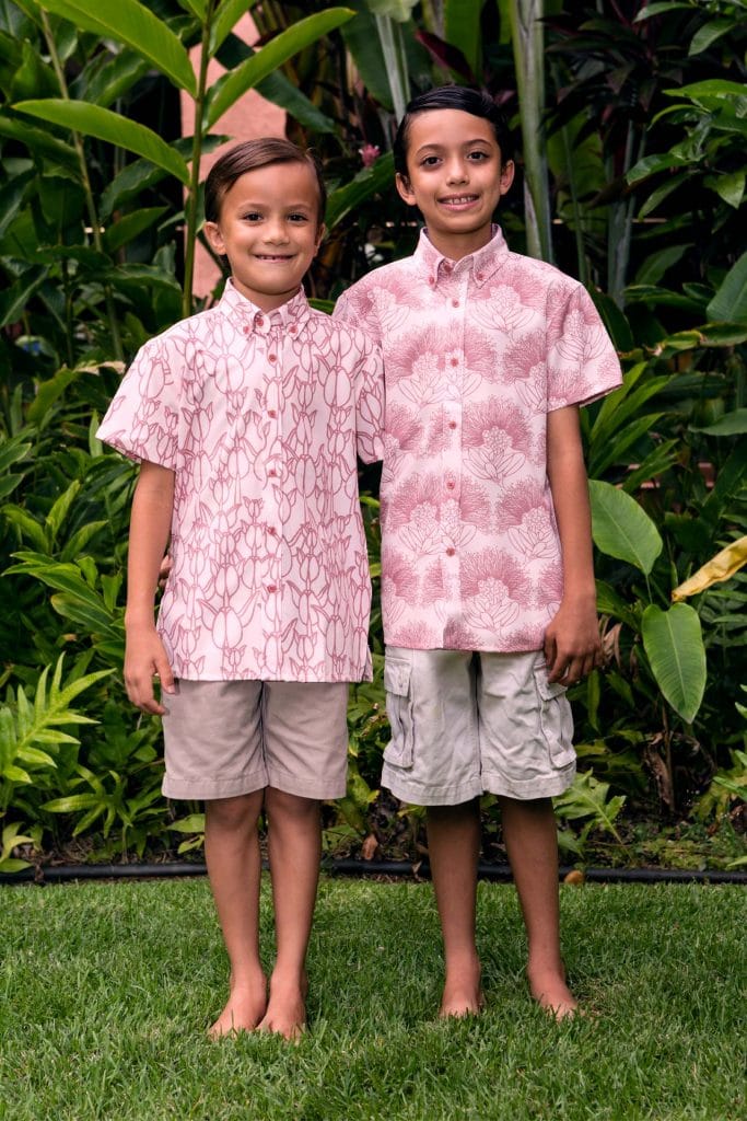 Two boy models wearing Keiki Short Sleeve Shirts in Ash Rose and Lotus - Front View