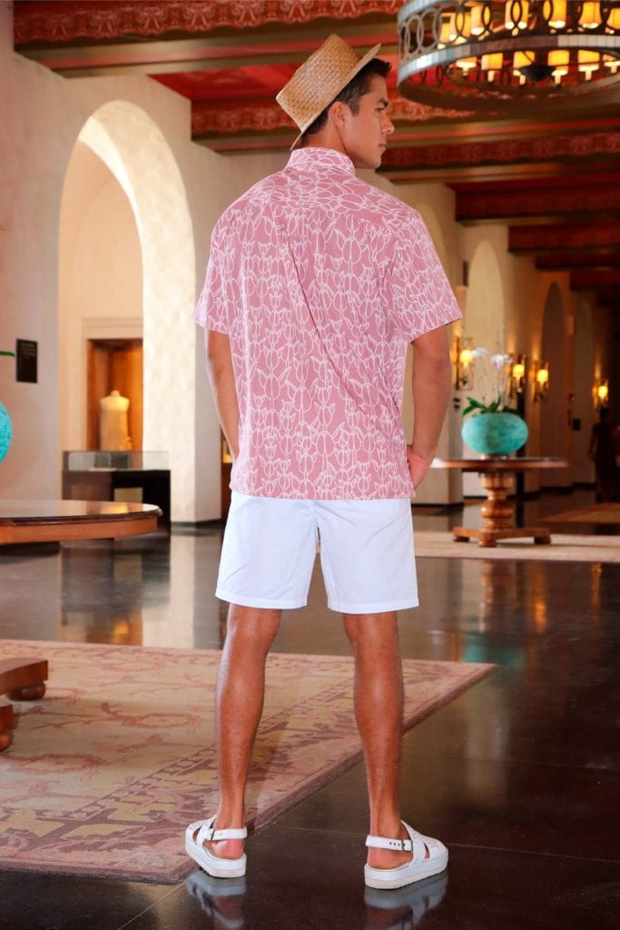 Male Model wearing Mahalo Shirt S-S in an Kapualiko Pattern and Ash Rose-Lotus - Back View