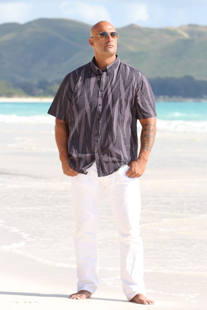 Male model wearing Mahalo Shirt S-S in Kialoa Pattern - Front View
