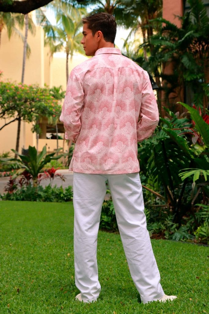 Male Model wearing Mahalo Shirt L-S in an Ash Rose-Lotus - Back View