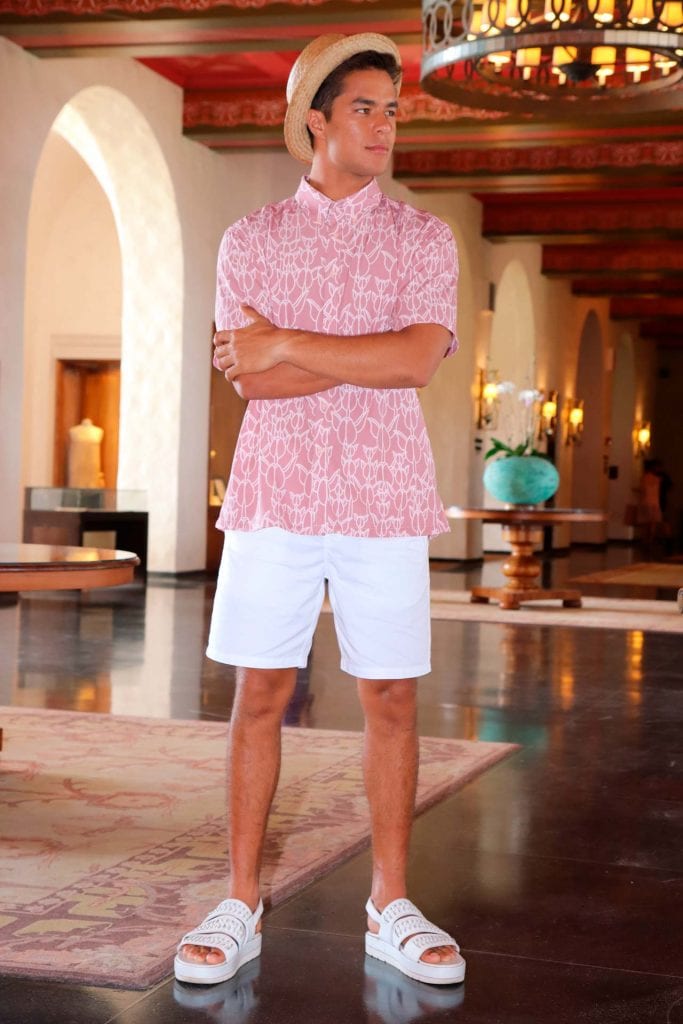 Male Model wearing Mahalo Shirt S-S in an Kapualiko Pattern and Ash Rose-Lotus - Front View