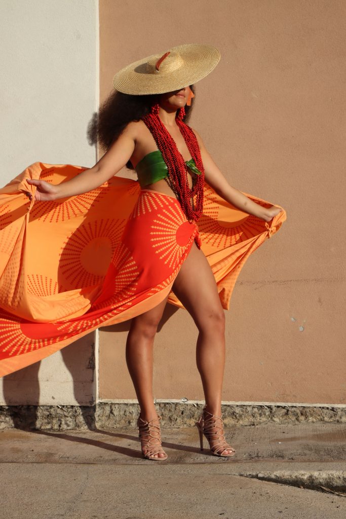 Female model wearing a Pareo in Pewa Pattern