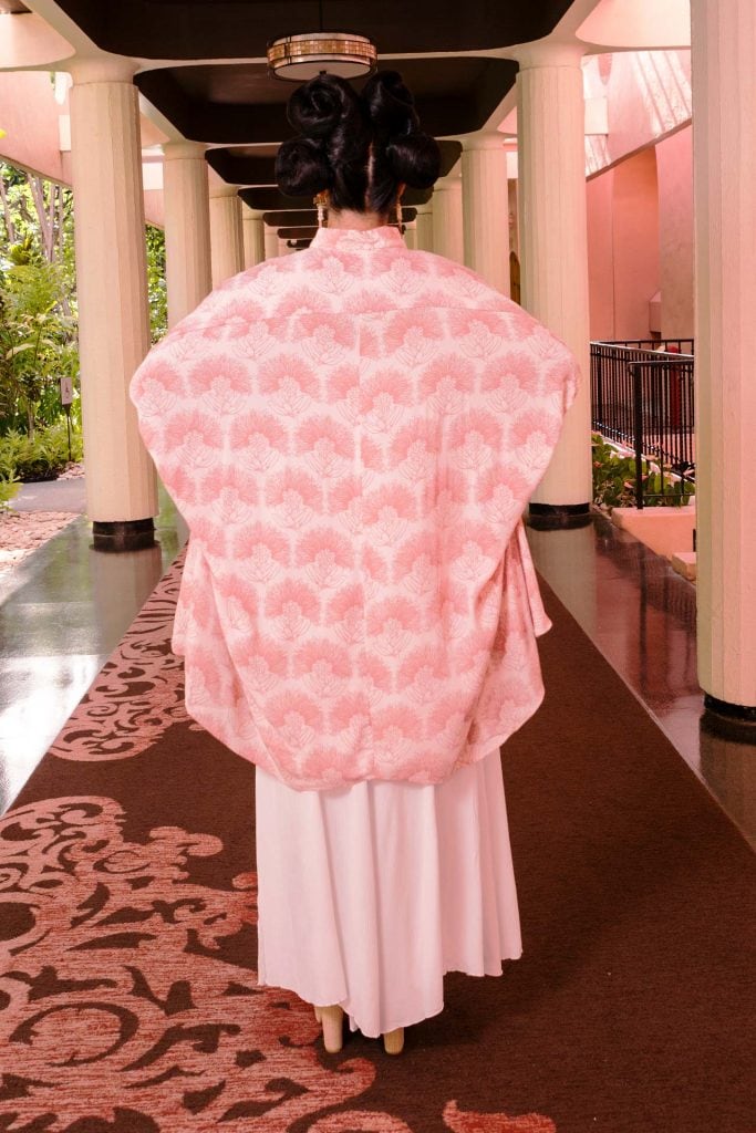 Female model wearing Top Aali - in Ash Rose and Lotus - Back View