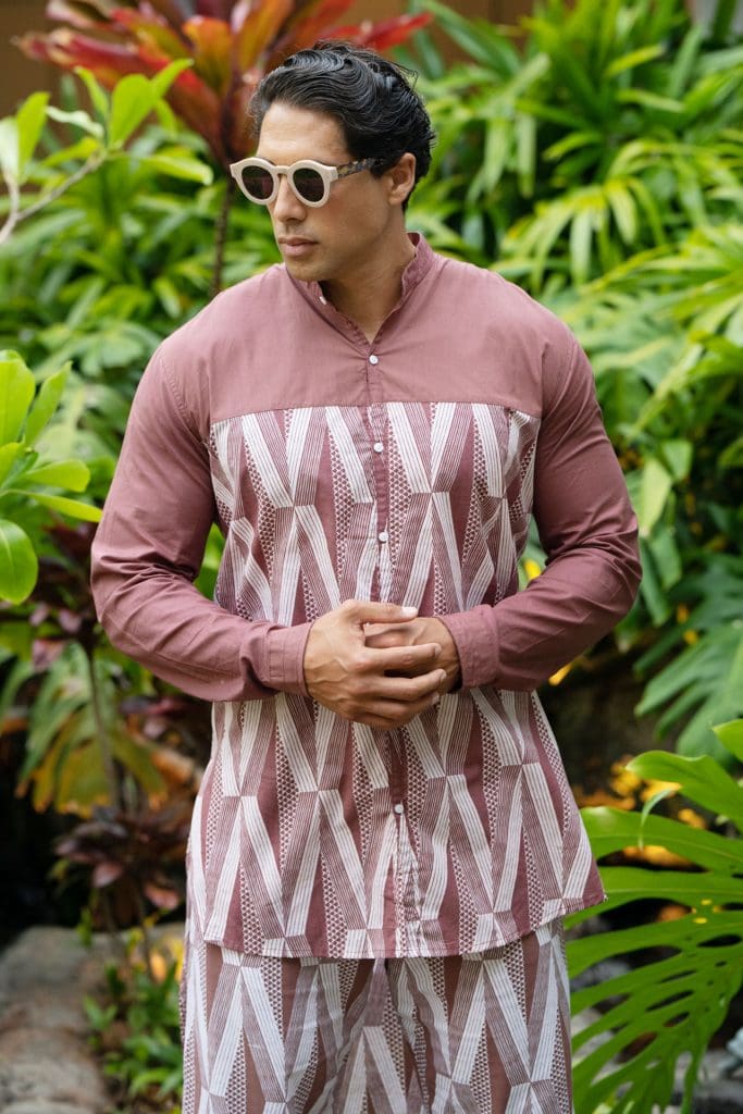 Male model wearing Mandarin Half Tunic in a Kanaloa Pattern and Fired Brick-White - Front View
