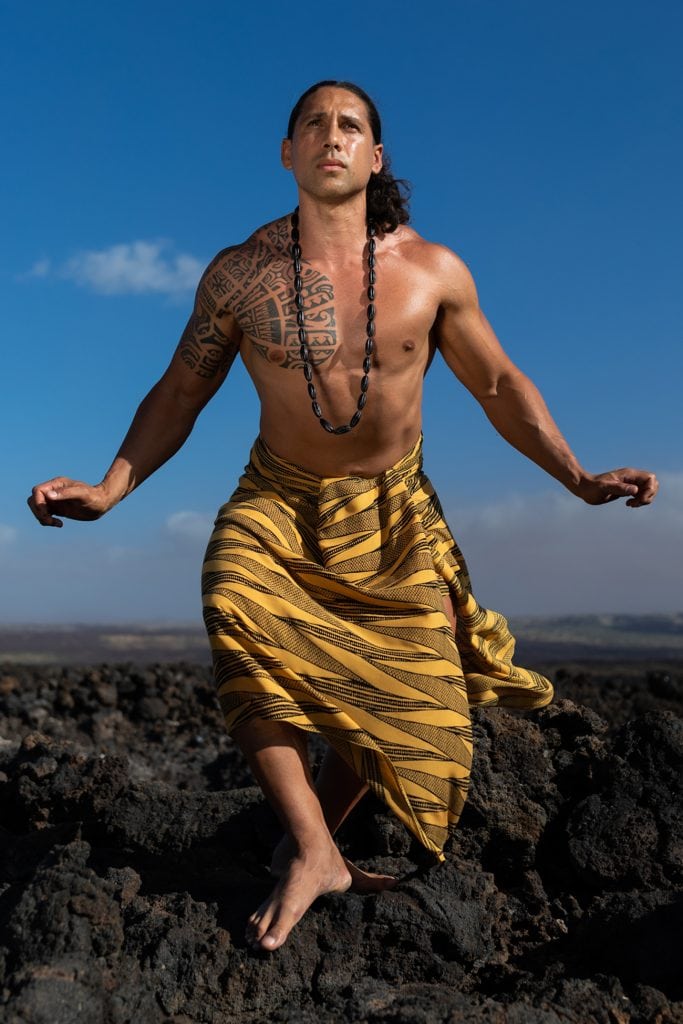 Male model wearing a Pareo in Golden Kialoa - Front View