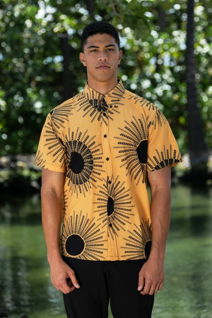Male model wearing Mahalo Shirt in Kanehoalani Pattern in Mustard - Front View