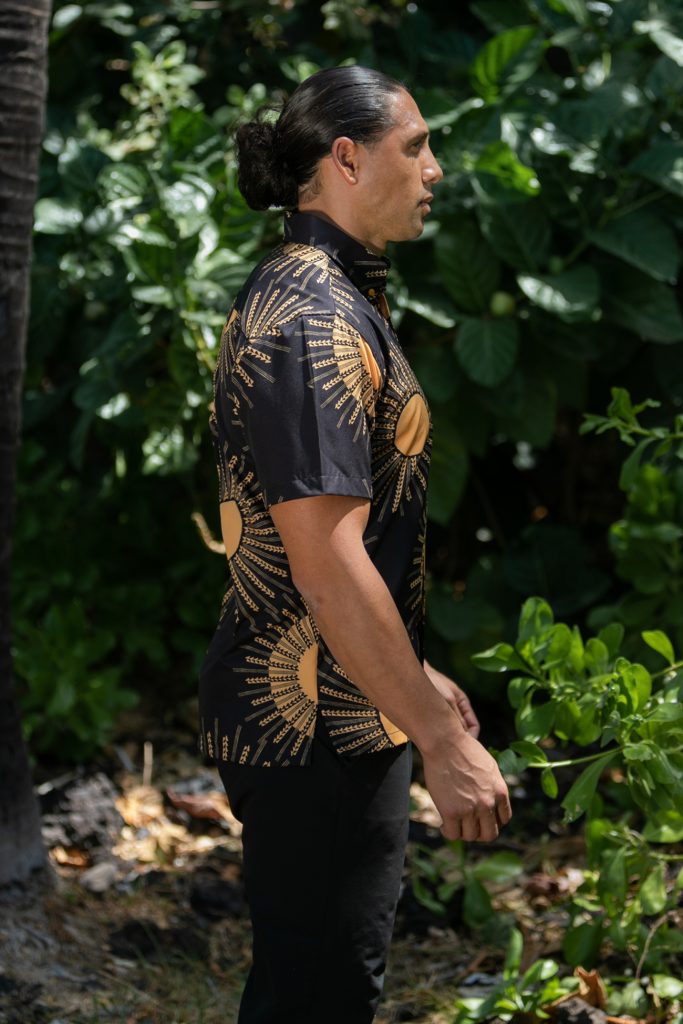 Male model wearing Mahalo Shirt in Kanehoalani Pattern - Side View