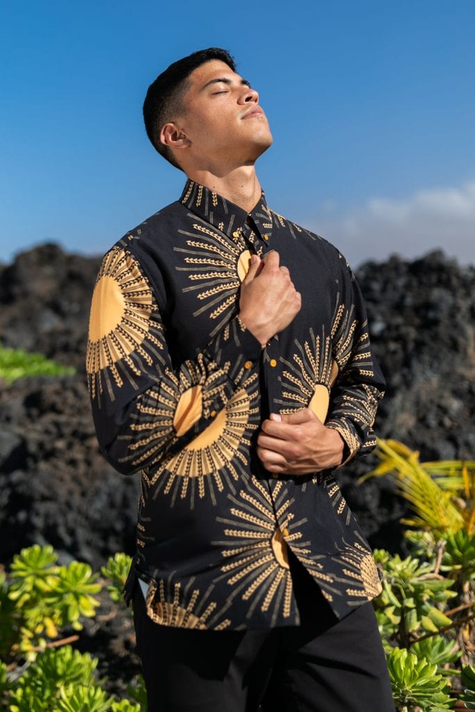 Male model wearing Mahalo Shirt in Kanehoalani Pattern - Front View