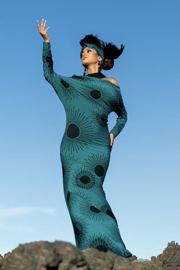 Female model wearing Long Sleeve Dress in in Dragonfly/Black Color and Kanehoalani Pattern - Front View