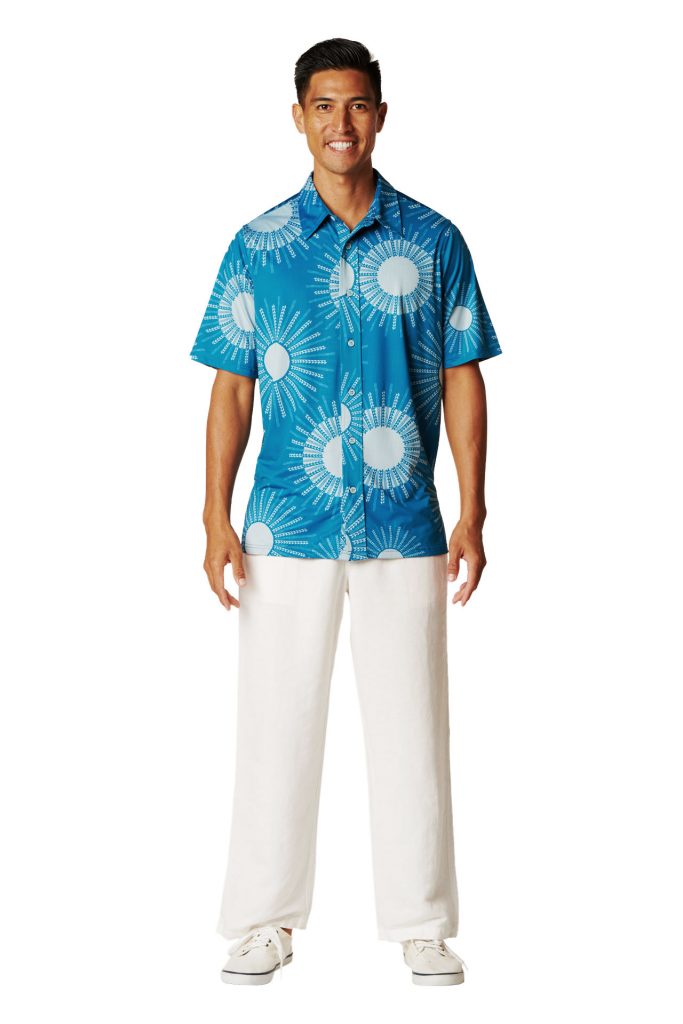 Male model wearing Aloha on the Green in Kanehoalani print and Seaport/Illusion Color - Front View