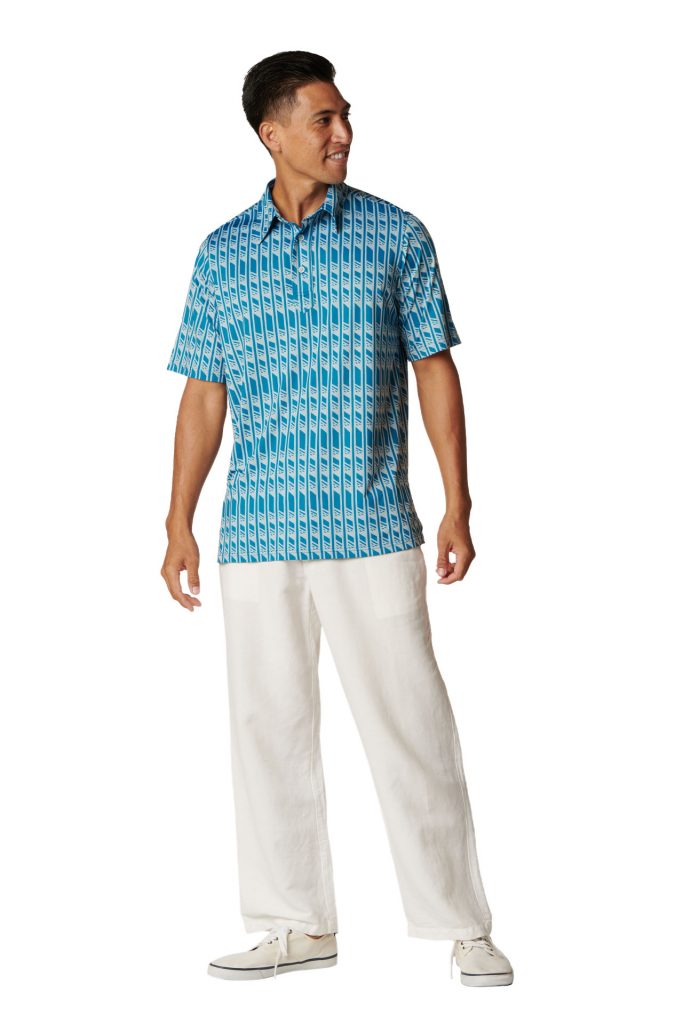 Male model wearing Aloha on the Green in Seaport color - Front View