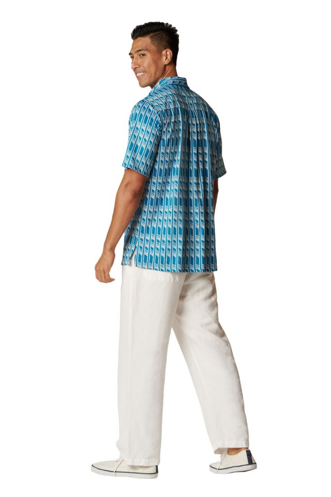 Male model wearing Aloha on the Green Pullover in Seaport Blue - Back View
