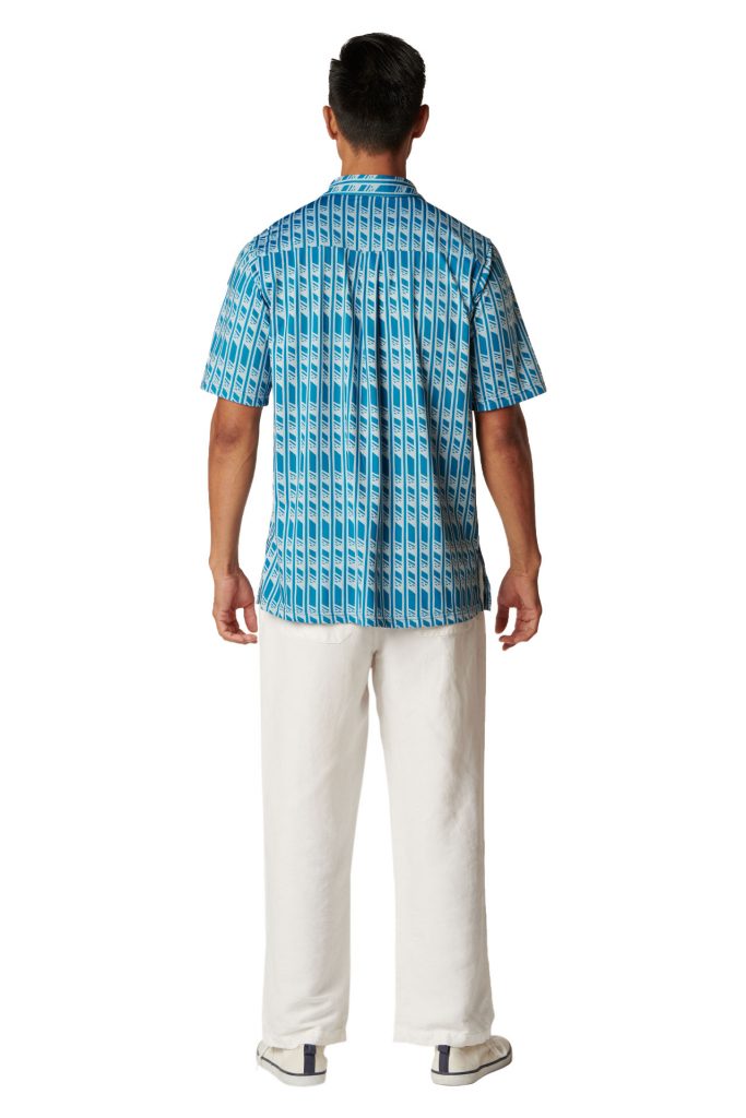 Male model wearing Aloha on the Green Pullover in Seaport Blue - Back View