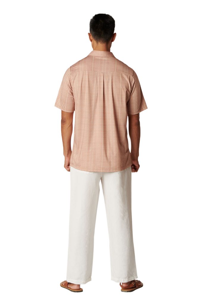 Male Model wearing Aloha on the Green Pullover in Kapa Print and Sandshell-Macaroon Color - Back View