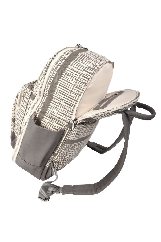 Huakai Backpack in a Nihoku Print and Stone Color - Back Pocket